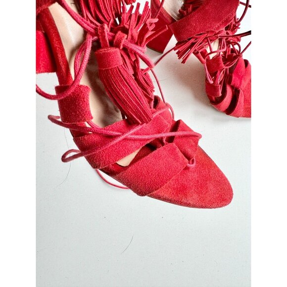 LOEFFLER RANDALL Luz Red Suede Leather Lace-Up Tassel Tie Block Heels, Size 10 - Picture 3 of 16